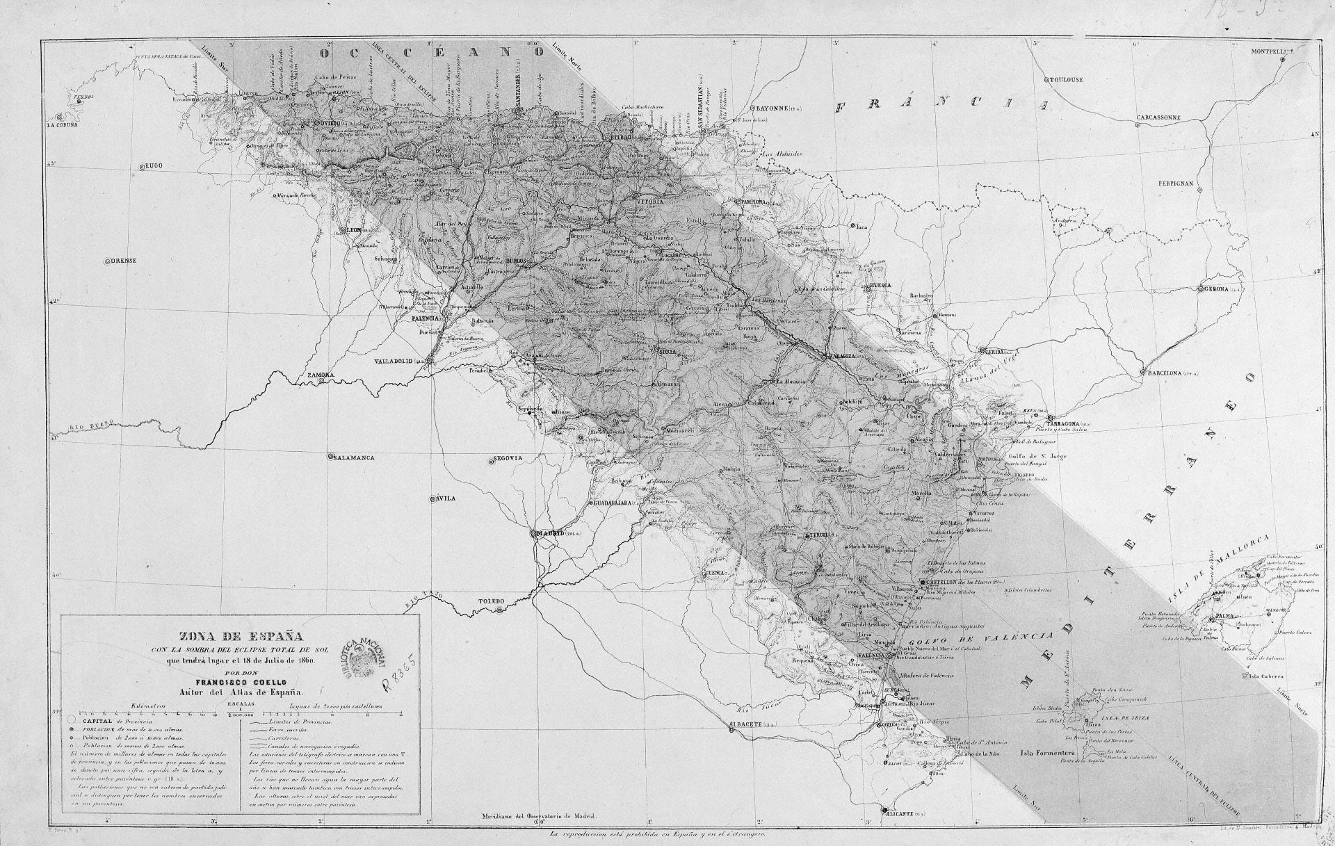 Mapa oficial de la franja de totalidad durante el eclipse solar total de 1860