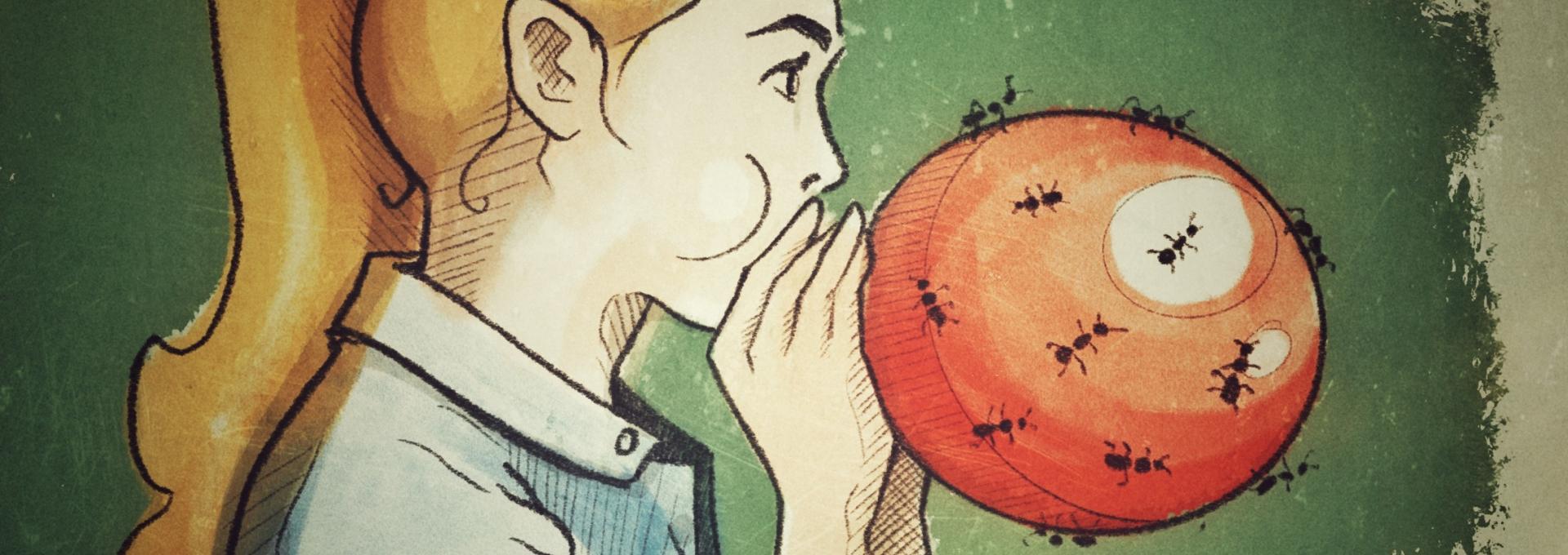 Representación artística de una niña inflando un globo con hormigas. Crédito: Inés Bonet (IAC).