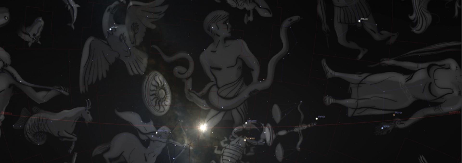 Representación del cielo donde se aprecia el paso del Sol saliendo de la constelación de Ofiuco y entrando en la de Sagitario. Crédito: Stellarium.