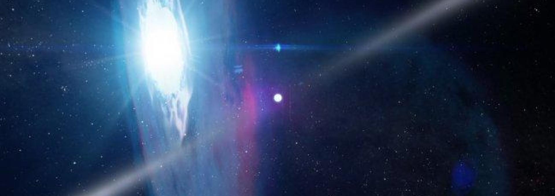 El púlsar PSR J2032+4127 en su momento de máximo acercamiento a la estrella MT91 213, una estrella azul con un disco de materia a su alrededor. 