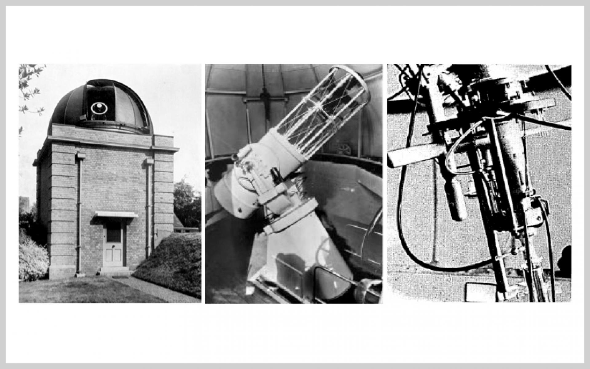 Torre y cúpula (izquierda) del telescopio solar (centro) de 16 pulgadas de apertura de la Universidad de Oxford. Créditos: H.H. Plaskett. Royal Astronomical Society. NASA Astrophysics Data System. Publicación en Monthly Notice of R.A.S. Vol. 115, Plate 8. A la derecha, intensificador de imagen “Lallemand”, del Observatorio de París.
