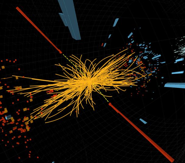 Particle physics experiment at CERN (European Organisation for Nuclear Research): proton collision measured by the CMS (Compact Muon Solenoid) experiment, candidate for the production of 1 Higgs. Particle physics experiment at CERN (European Organisation for Nuclear Research): proton collision measured by the CMS (Compact Muon Solenoid) experiment, candidate for the production of 1 Higgs.