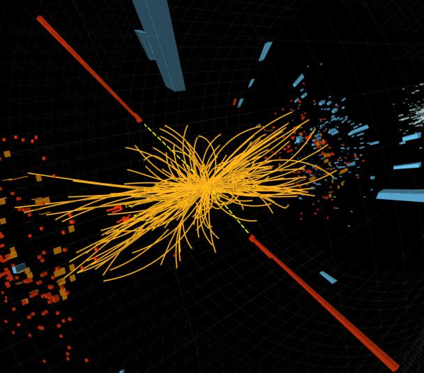 Experimento de física de partículas en el CERN (Organización Europea para la Investigación Nuclear): colisión de protones medida por el experimento CMS (Compact Muon Solenoid), candidata a la producción de 1 Higgs.