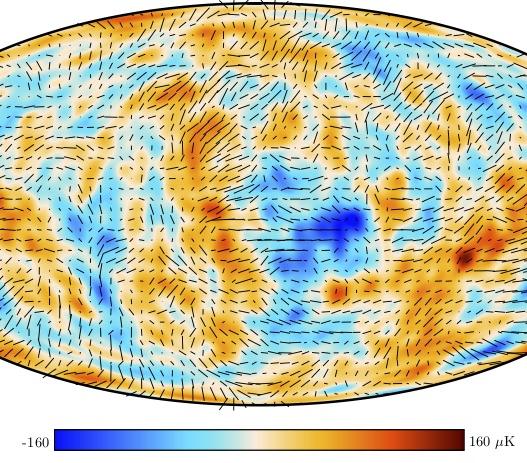 Mapa de fluctuaciones de intensidad y polarización del Fondo Cósmico de Microondas (CMB) proporcionado por el satélite Planck. 