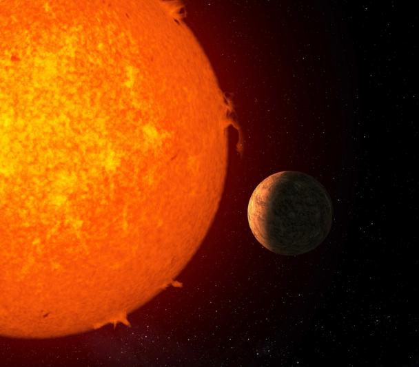 Representación artística del exoplaneta rocoso Próxima b orbitando su estrella