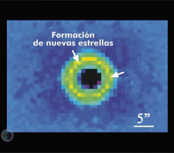 Colisión de galaxias elípticas. Imagen real de la onda donde se forman nuevas estrellas