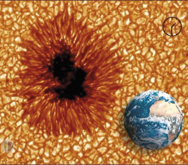 Relative sizes (Earth, sunpot, solar granulation)