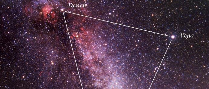 Las tres estrellas del Triángulo de Verano sobre una imagen de Vicent Peris. Crédito: Banco de Imágenes del Instituto de Astrofísica de Canarias (IAC).
