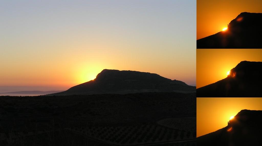 Amanecer desde el santuario ibérico de El Amarejo (Bonete, Albacete) el equinoccio de otoño de 2004. La foto de la izquierda muestra una vista general de la montaña que domina el horizonte oriental del yacimiento justo en el momento en que aparecen los primeros rayos del Sol. Las tres fotos de la derecha muestran diferentes instantes en la trayectoria solar tangente a la ladera norte de la montaña (el tiempo transcurre de arriba hacia abajo). Fotos: César Esteban.