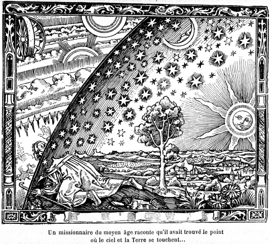 El Grabado Flammarion, ilustración aparecida en L’Atmosphere: Météorologie Populaire (Paris, 1888), pág 163 . El pie de foto en la obra original dice: “Un misionero medieval cuenta que había encontrado el lugar en el que el Cielo y la Tierra se encuentran”.