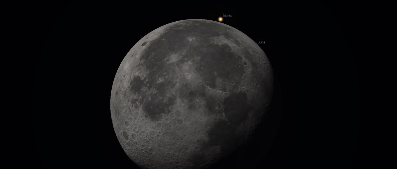 Simulación de la ocultación de Marte por la Luna la madrugada del domingo. Crédito: Stellarium.