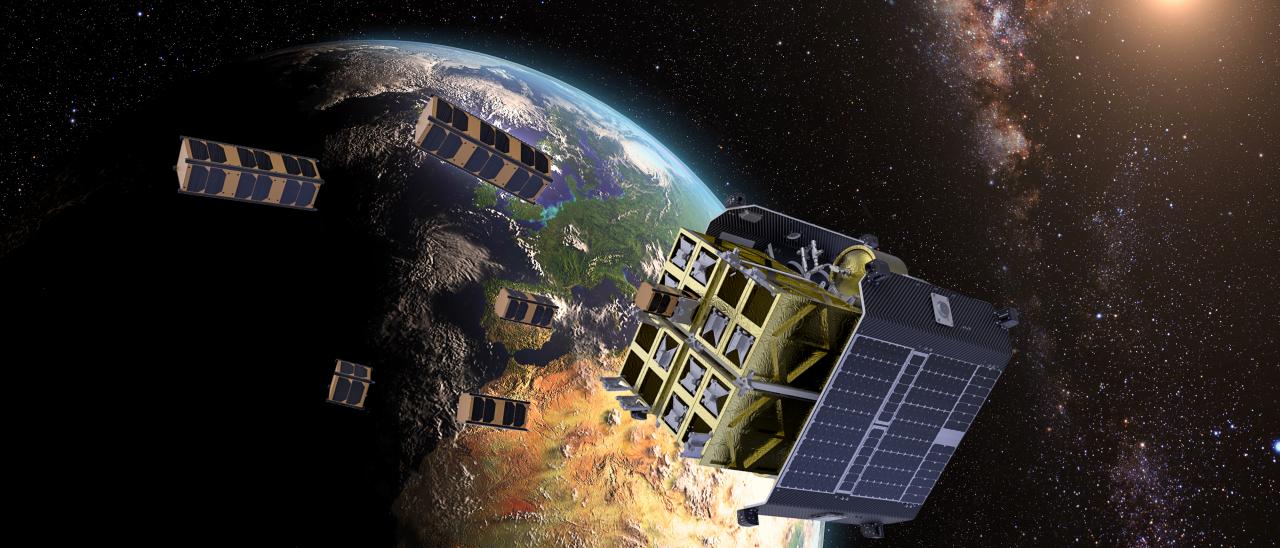 Imagen simulada de una cápsula liberando nanosatélites independientes en el espacio