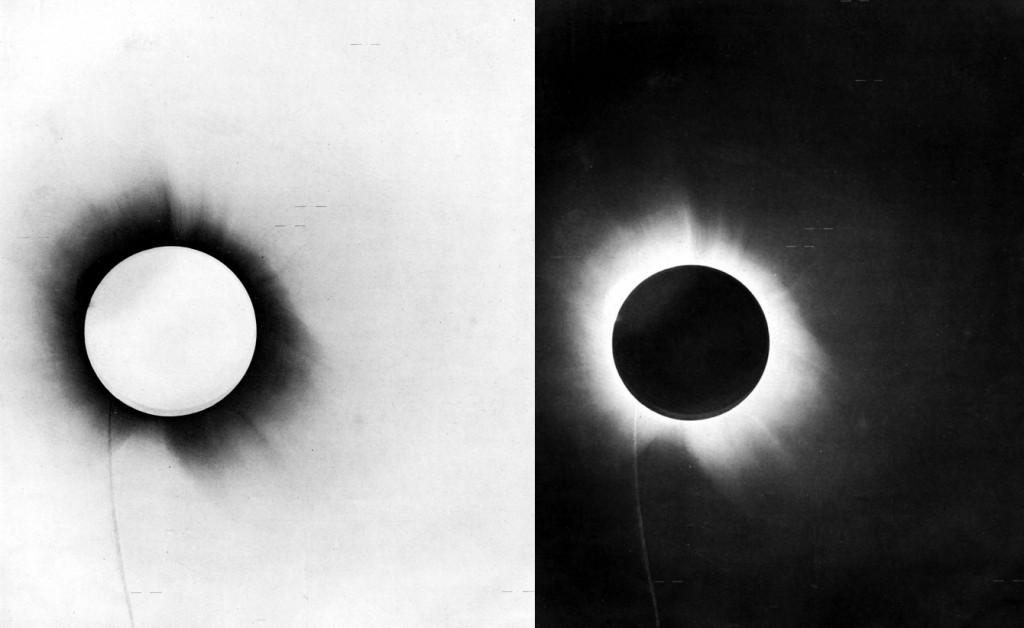 Negativo y positivo del eclipse de Sol de 1919, obtenido por Sir Arthur Eddington en la expedición para verificar si la luz procedente de las estrellas próximas a la corona solar era ligeramente desviada por el campo gravitatorio del Sol, de acuerdo con las predicciones de Einstein. Fuente: F. W. Dyson, A. S. Eddington, and C. Davidson, “A Determination of the Deflection of Light by the Sun’s Gravitational Field, from Observations Made at the Total Eclipse of May 29, 1919″ Philosophical Transactions of the 