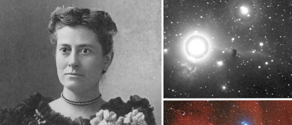 “Williamina Fleming hacia 1890 junto al sector de la placa, de 1888, en la que por primera vez identificó la nebulosa Cabeza de Caballo y una toma reciente del mismo campo (grupo de astrofotografía del IAC, 2012)”