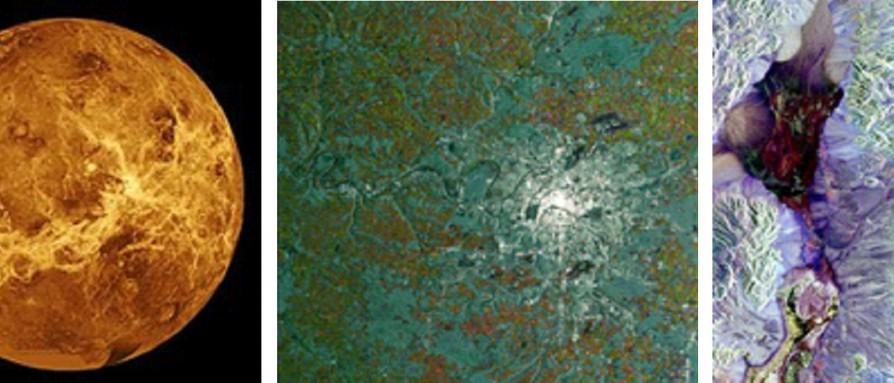 De izquierda a derecha, imágenes obtenidas con radares de apertura sintética (SAR) del planeta Venus, de la ciudad de París (área brillante), con el río Sena, y del Valle de la Muerte, en California, en falso color, con polarimetría. Créditos: NASA-JPL y ESA.