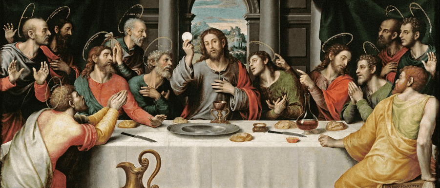 Celebración de la Última Cena por el pintor Juan de Juanes (1562, Museo del Prado), cuadro en el que Jesucristo parece sostener la propia luna llena.