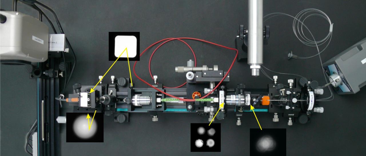 Setup in the laboratory for the characterization of optical fibers. View of a setup with several optical components and optical fibers on a laboratory table