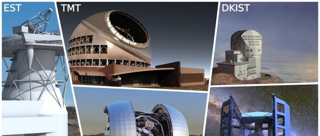 Design of the future five projects of extremely large telescopes, the solar DKIST and EST and GMT and the night TMT EELT. Credit: Julio Castro (IAC) / proprietary institutions of telescopes.