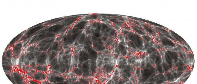 Sky projection of all galaxies observed in the 2MRS (Two Micron Redshift Survey) catalog (red symbols) at distances of 170 to 280 million light-years and the reconstructed underlying dark matter cosmic web (grey scale) using Big Data techniques.