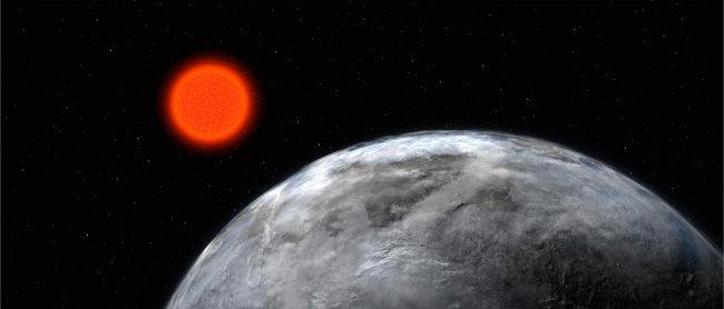 Concepción artística de Gliese 581, una de las estrellas de la muestra, y su planeta, Gliese 581c. Fuente: ESO.