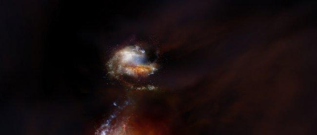  Impresión artística de dos galaxias formando estrellas a gran velocidad, próximas a fusionarse en el universo temprano. Crédito: NRAO/AUI/NSF