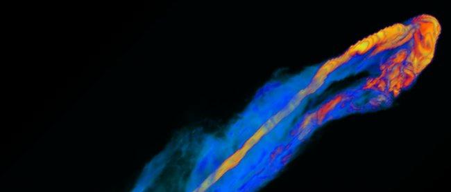 Magneto-hydrodynamic 3-D simulations of a relativistic jet Credit: G. Bodo and P. Rossi (INAF-Osservatorio Astrofisico di Torino, Italy) and A. Mignone (Torino University, Italy).