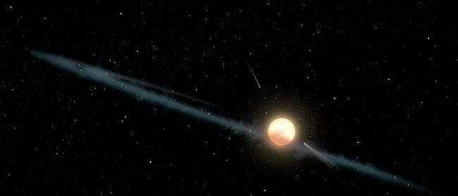 Artist’s impression of a dust ring and several objects similar to giant comets orbiting around KIC 8462852. Credit: NASA / JPL-Caltech.