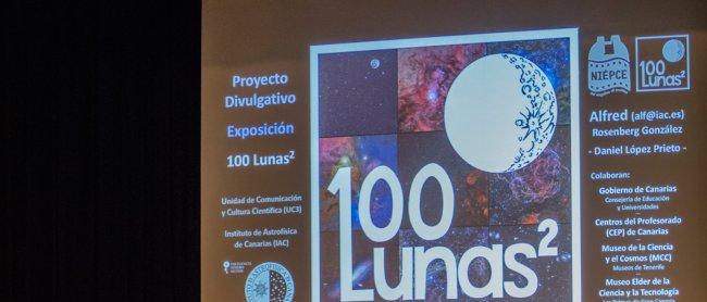Presentación de la exposición y el proyecto "100 Lunas cuadradas" en el Museo de la Ciencia y el Cosmos. En la mesa, de izquierda a derecha: Rafael Rebolo, director del Instituto de Astrofísica de Canarias (IAC); Amaya Conde, presidenta de Museos de Tener