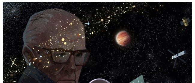 Artistic (unrealistic) representation of a Clarke exobelt and portrait of Sir Arthur C. Clarke. Credit: Caro Waro (@carwaro).