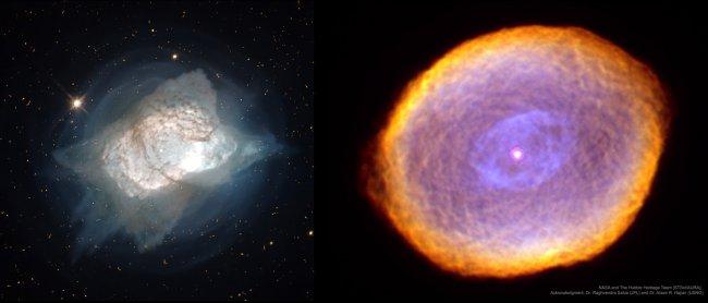 Images of the planetary nebula NGC 7027 (left) and IC 418 or Spirograph nebula (right) where infrared emission features have been detected, confirming the presence of very heavy elements. Credit: NGC 7027: Hubble Legacy Archive, ESA, NASA. Processed by: D