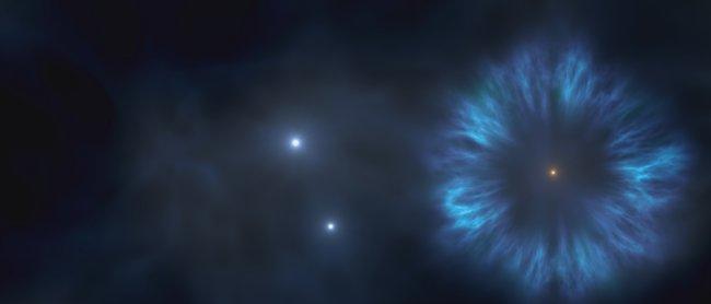 Imagen artística de las primeras supernovas de la Vía Láctea. La estrella Pristine 221.8781+9.7844 se formó a partir del material eyectado por estas primeras supernovas. Crédito: Gabriel Pérez, SMM (IAC).
