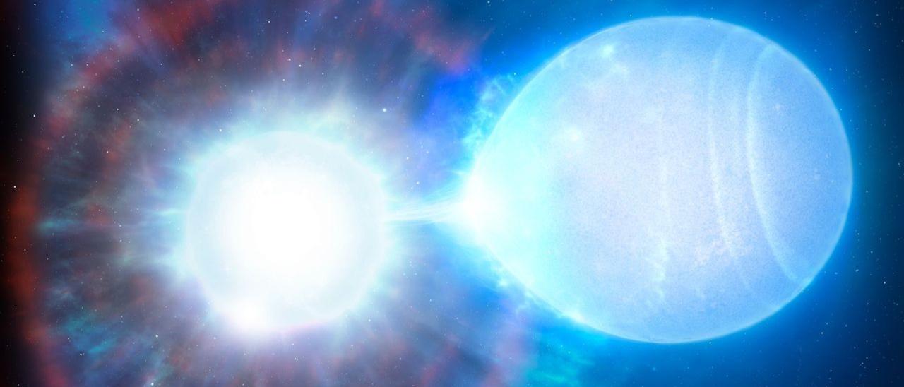 Sistema binario con dos estrellas a punto de colisionar