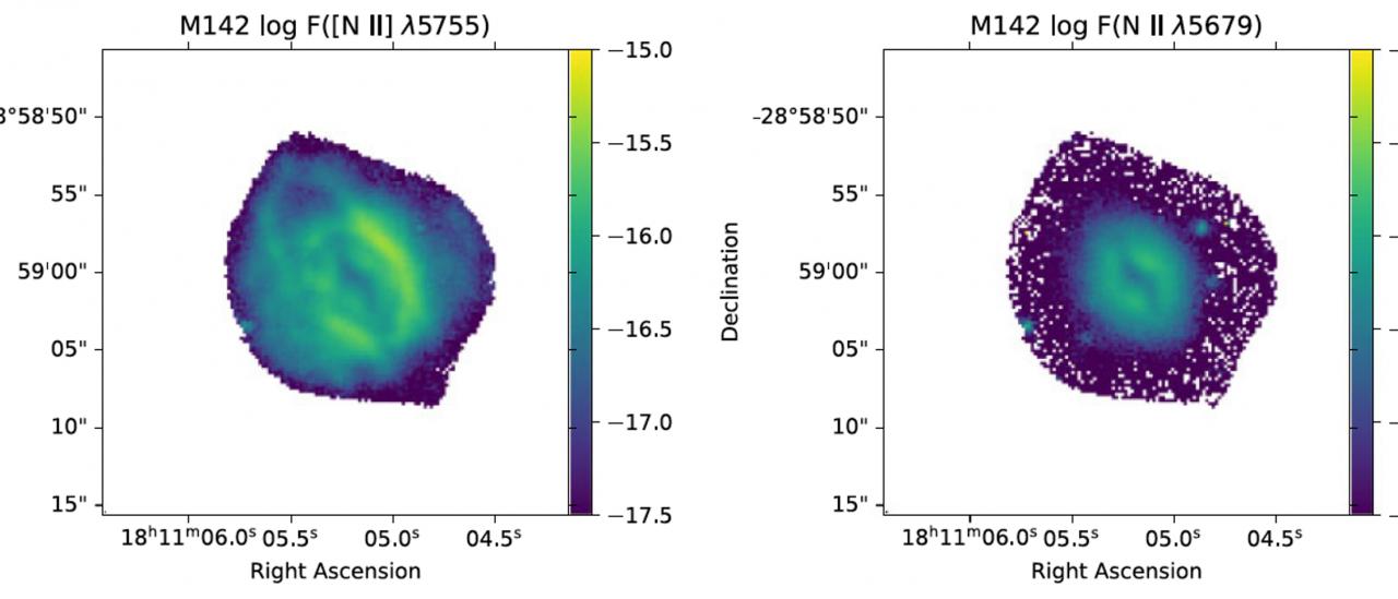 Left panel: spatial distribution of the auroral [N II] λ5755 emission line in the PN M 1-42 prior to applying the recombination contribution. Middle panel: spatial distribution of the N II λ5679 recombination line. Right panel: same as left panel after applying the recombination contribution correction.