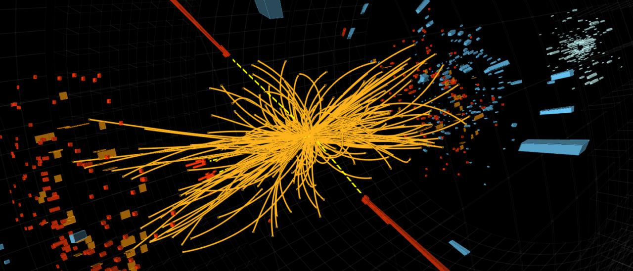 Experimento de física de partículas en el CERN (Organización Europea para la Investigación Nuclear): colisión de protones medida por el experimento CMS (Compact Muon Solenoid), candidata a la producción de 1 Higgs.