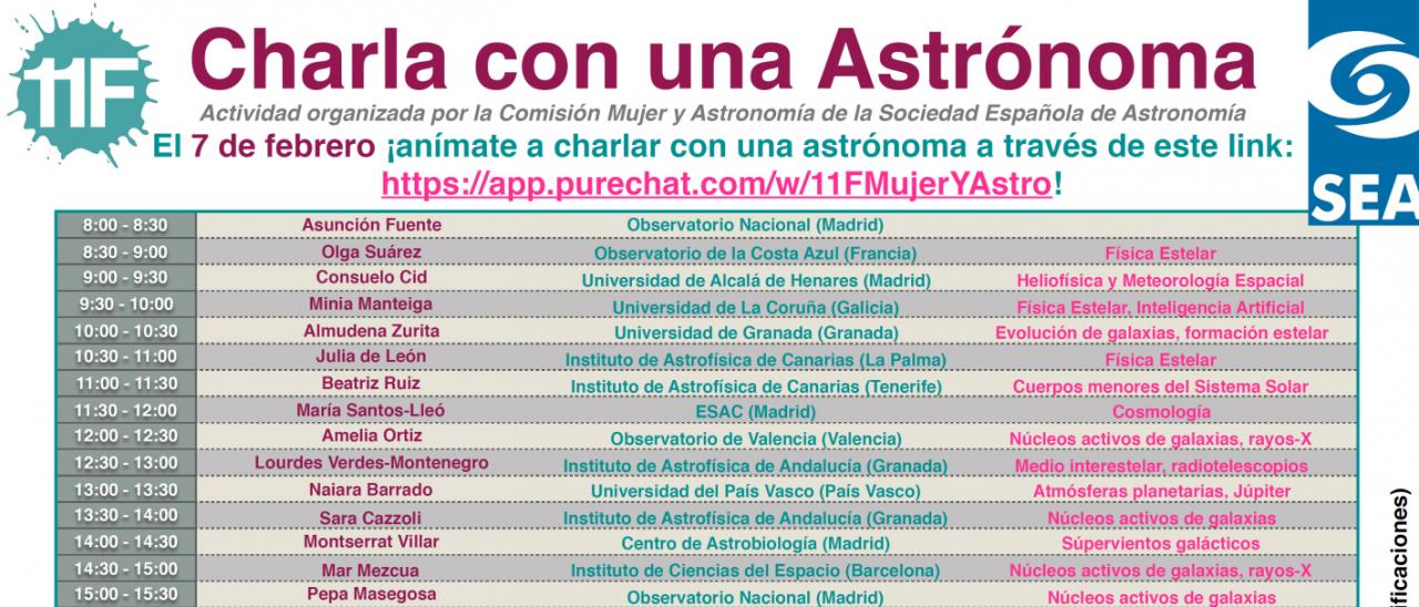 Cartel de la actividad "Charla con una Astrónoma" organizado por la Sociedad Española de Astronomía. 