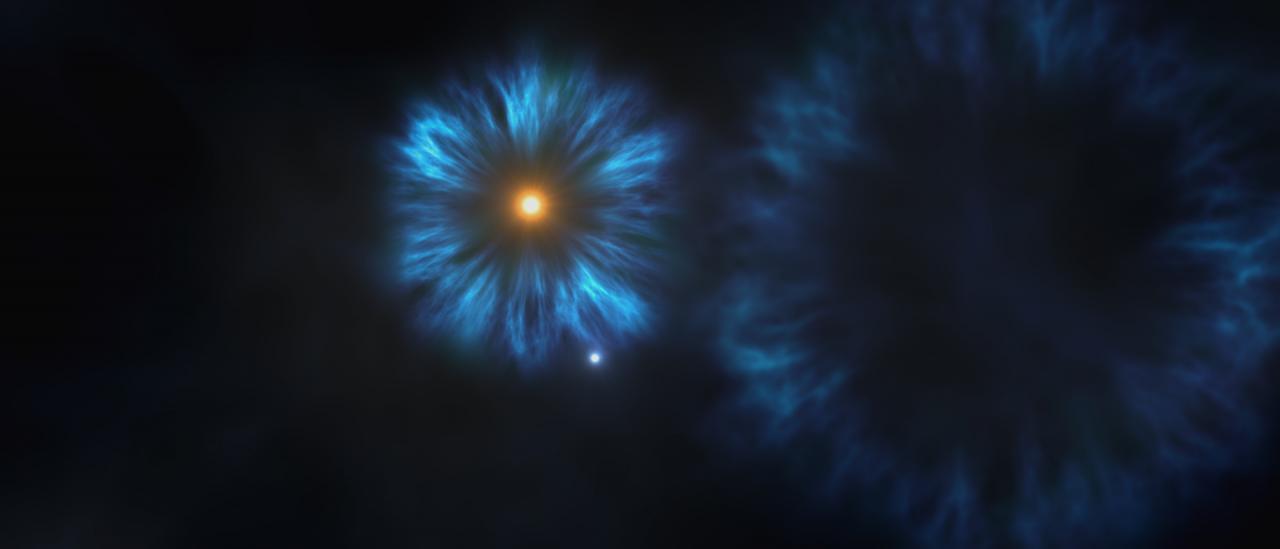 Artistic simulation of the formation of the first stars and the first supernovae.