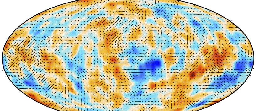 Map of intensity and polarisation fluctuations of the Cosmic Microwave Background (CMB) provided by the Planck satellite. 