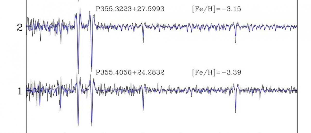Espectros de las estrellas miembro C-19 observados con OSIRIS, normalizados mediante un filtro de media móvil después de eliminar la señal de velocidad en el marco de reposo (líneas negras), junto con el mejor ajuste (líneas azules) obtenido mediante la adopción de un procedimiento de ajuste. La metalicidad, [Fe/H], calculada a partir de [M/H] y [Ca/H] también se indica para cada estrella.