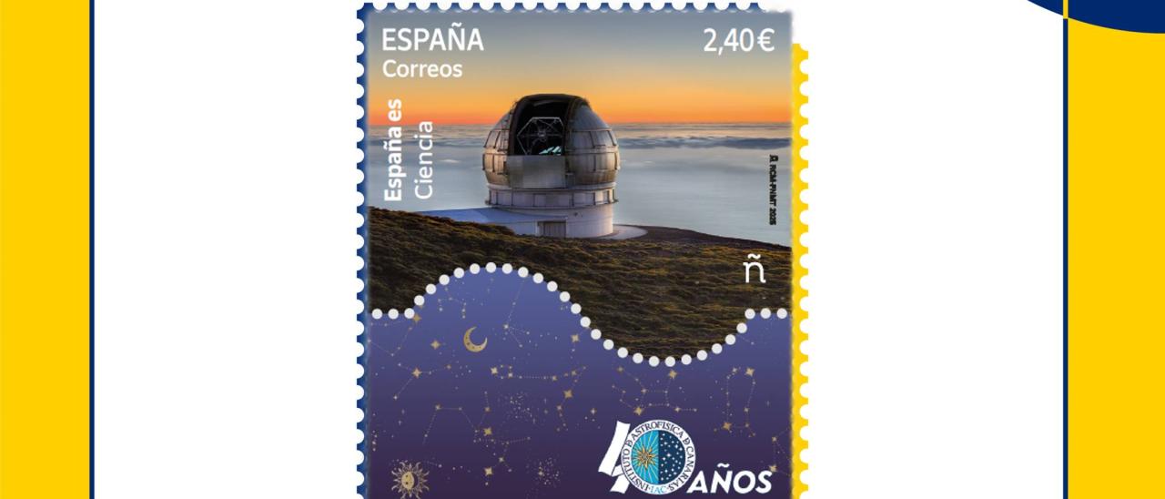 Sello conmemorativo del 40 aniversario del IAC emitido por Correos para la serie filatélica “ESPAÑA ES. Ciencia”