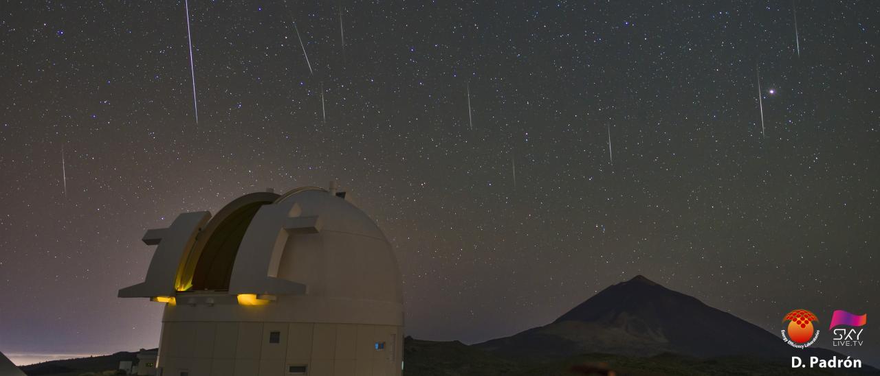 Algunas de las Gemínidas más brillantes que el videomaker de sky-live.tv Daniel Padrón capturó en apenas 30 minutos la noche del 13 al 14 de diciembre de 2020 en el Observatorio del Teide del Instituto de Astrofísica de Canarias. En la imagen, el telescopio OGS, de la Agencia Espacial Europea, y el volcán Teide, en la isla de Tenerife, bañados por las Gemínidas y bajo el brillo de Marte (en el cuadrante superior derecho). Crédito: Daniel Padrón (sky-live.tv). Imagen en alta calidad: https://flic.kr/p/2kgT6K