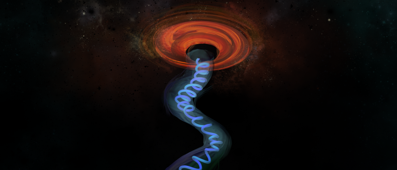 Representación artística de un chorro de partículas de un blazar BL Lac con un campo magnético en espiral y un pliegue. Cortesía de Iris Nieh
