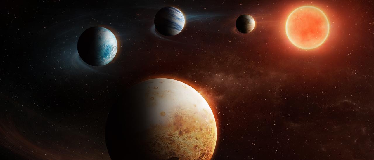 Artist impression of a planetary system with four planets, around a small red star, called LHS1903