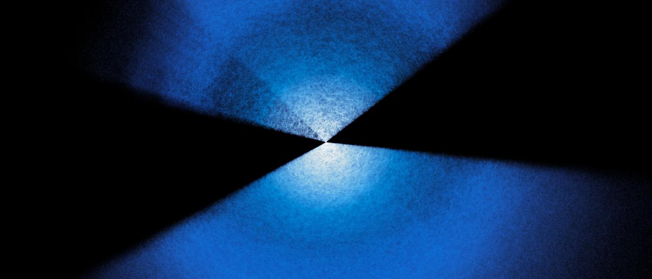 Two fans of blue and white dots extending up and down from center on a black background