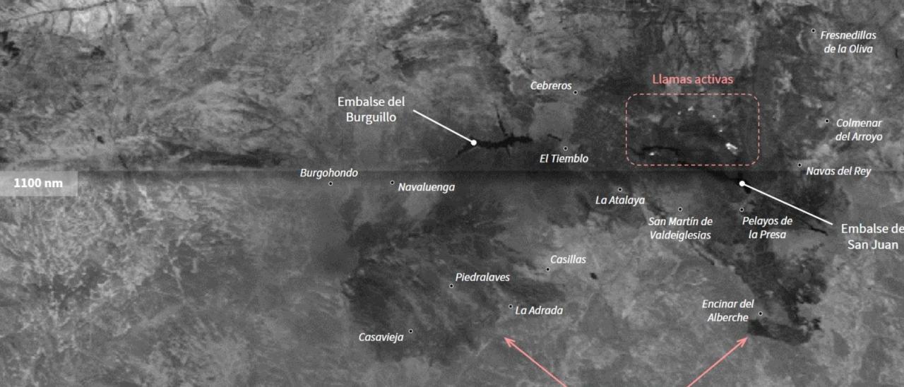 Imagen en escala de grises de DRAGO-2 con dos bandas SWIR, puntos brillantes de llamas activas y zonas quemadas oscuras.