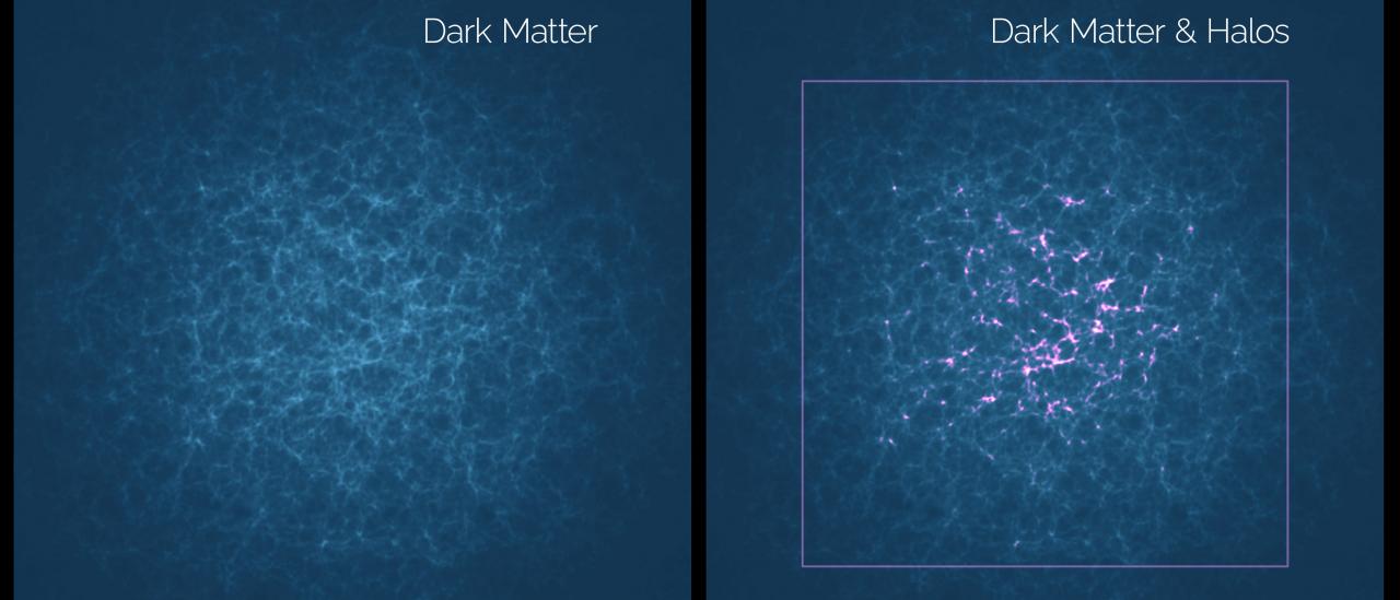 Distribución de materia oscura y trazadores (halos). Crédito: Gabriel Pérez Díaz, SMM (IAC).