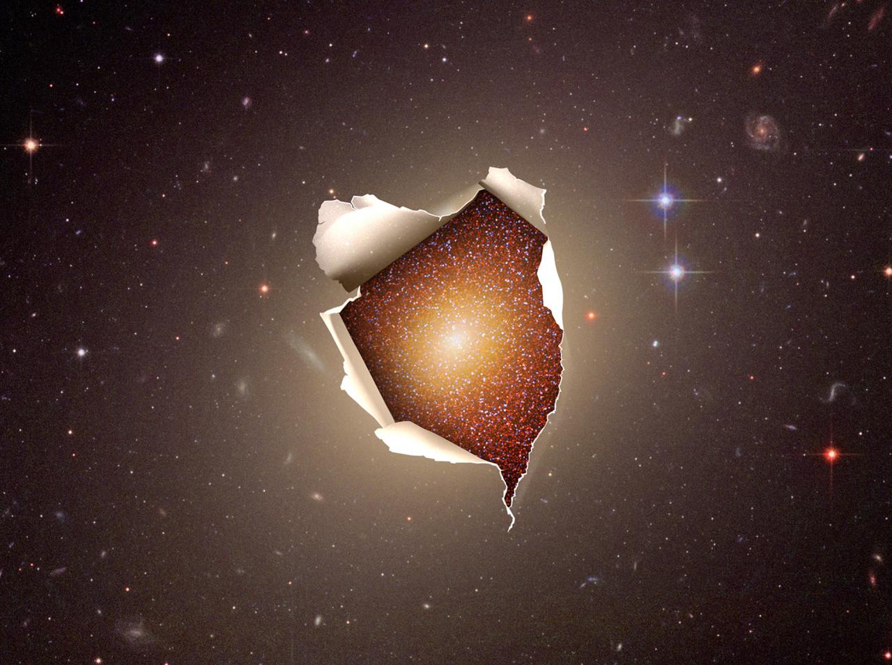 Impresión artística del descubrimiento de una pequeña fracción de estréllas jóvenes y azules en una galaxia elíptica con su mayoría de estrellas viejas y rojas. Se ha diseñado con una imagen de la NASA, ESA y The Hubble Heritage Team (STScI/AURA), con recurso de vectorpocket (Freepik). Crédito: Gabriel Pérez Díaz, SMM (IAC).