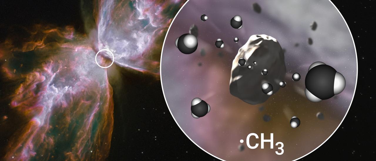 Recreación artística de la erosión de granos de carbono amorfo hidrogenado en el toro de polvo de una nebulosa planetaria joven rica en carbono, que libera radicales metilos (CH3) a la fase gaseosa