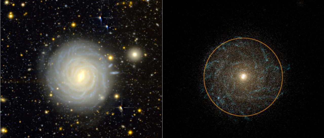 Comparación entre una galaxia observada (izquierda) y una galaxia simulada (derecha) que muestra similitudes en masa y tamaño.