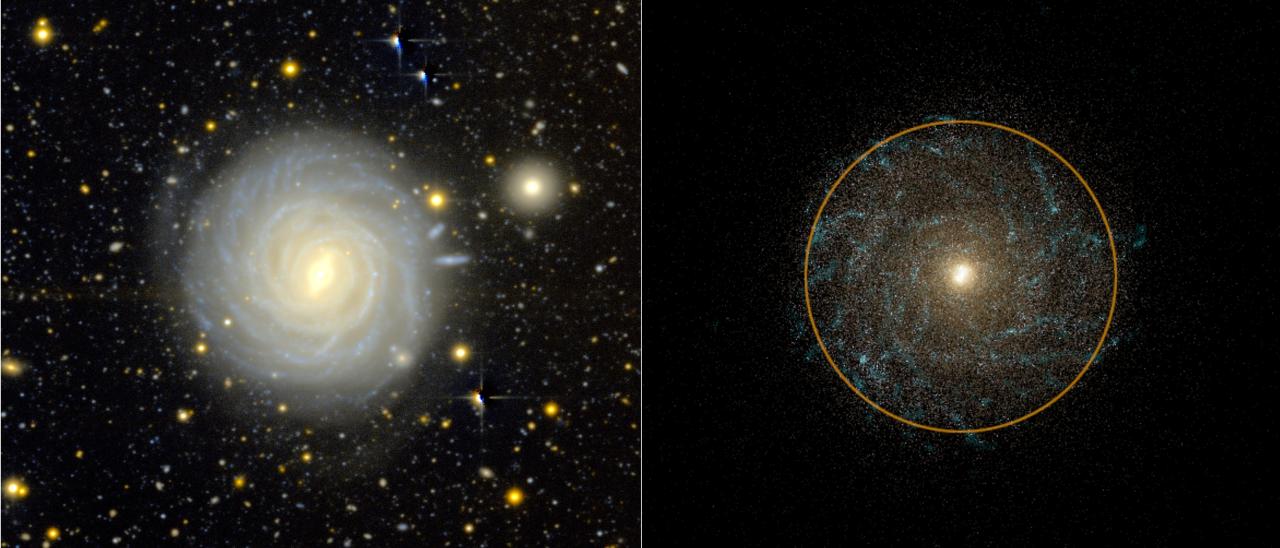 Comparación entre una galaxia observada (derecha) y otra galaxia simulada (izquierda) en la que se aprecian evidentes en masa y tamaño