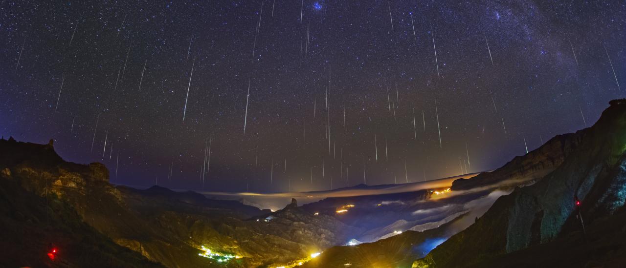 Lluvia de estrellas de las Gemínidas 2020 sobre el valle de Tejeda (Gran Canaria)